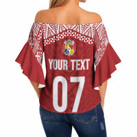 Mate Ma'a Tonga Rugby Custom Kupesi Motifs Off Shoulder Wrap Waist Top Red Waves LT7 - Polynesian Pride