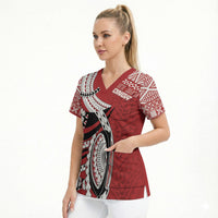 Mate Ma'a Tonga Rugby Custom Kupesi Motifs Scrub Top Red Waves LT7 - Polynesian Pride