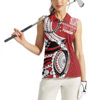 Mate Ma'a Tonga Rugby Custom Kupesi Motifs Women Sleeveless Polo Shirt Red Waves LT7 - Polynesian Pride