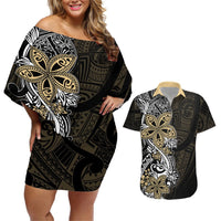 Polynesian Pride Couples Matching Off Shoulder Short Dress and Hawaiian Shirt Tiare With Plumeria Mix Style LT7 Cream - Polynesian Pride