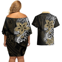 Polynesian Pride Couples Matching Off Shoulder Short Dress and Hawaiian Shirt Tiare With Plumeria Mix Style LT7 - Polynesian Pride