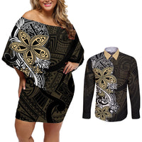 Polynesian Pride Couples Matching Off Shoulder Short Dress and Long Sleeve Button Shirts Tiare With Plumeria Mix Style LT7 Cream - Polynesian Pride