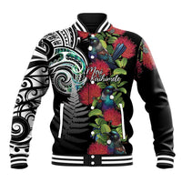 Meri Kirihimete New Zealand Baseball Jacket Tui on Pohutukawa LT7 Unisex Black - Polynesian Pride