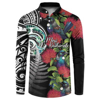 Meri Kirihimete New Zealand Button Sweatshirt Tui on Pohutukawa LT7 Black - Polynesian Pride