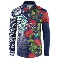 Meri Kirihimete New Zealand Button Sweatshirt Tui on Pohutukawa - Blue Ver LT7 Blue - Polynesian Pride