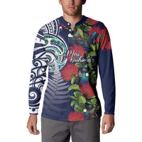 Meri Kirihimete New Zealand Button Sweatshirt Tui on Pohutukawa - Blue Ver LT7 - Polynesian Pride