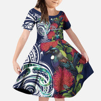 Meri Kirihimete New Zealand Family Matching Tank Maxi Dress and Hawaiian Shirt Tui on Pohutukawa - Blue Ver LT7 Daughter's Dress Blue - Polynesian Pride
