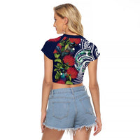 Meri Kirihimete New Zealand Raglan Cropped T Shirt Tui on Pohutukawa - Blue Ver