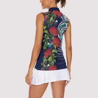 Meri Kirihimete New Zealand Women Sleeveless Polo Shirt Tui on Pohutukawa - Blue Ver