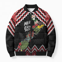 New Zealand Christmas Taniko Poutama Bomber Puffer Jacket Flora Map with Birds - Polynesian Pride