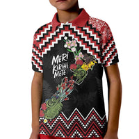 New Zealand Christmas Taniko Poutama Kid Polo Shirt Flora Map with Birds - Polynesian Pride