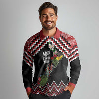 New Zealand Christmas Taniko Poutama Long Sleeve Polo Shirt Flora Map with Birds - Polynesian Pride