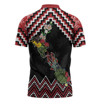 New Zealand Christmas Taniko Poutama Zipper Polo Shirt Flora Map with Birds - Polynesian Pride