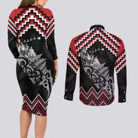 New Zealand Christmas Taniko Poutama Couples Matching Long Sleeve Bodycon Dress and Long Sleeve Button Shirt Mountainscape Maori Fern - Polynesian Pride