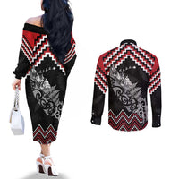 New Zealand Christmas Taniko Poutama Couples Matching Off The Shoulder Long Sleeve Dress and Long Sleeve Button Shirt Mountainscape Maori Fern - Polynesian Pride