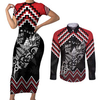 New Zealand Christmas Taniko Poutama Couples Matching Short Sleeve Bodycon Dress and Long Sleeve Button Shirt Mountainscape Maori Fern - Polynesian Pride