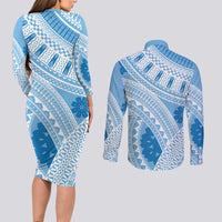 Bula Fiji Classic Masi Tapa Couples Matching Long Sleeve Bodycon Dress and Long Sleeve Button Shirt Turquoise - Polynesian Pride
