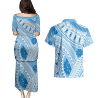 Bula Fiji Classic Masi Tapa Couples Matching Puletasi and Hawaiian Shirt Turquoise - Polynesian Pride