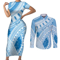 Bula Fiji Classic Masi Tapa Couples Matching Short Sleeve Bodycon Dress and Long Sleeve Button Shirt Turquoise - Polynesian Pride