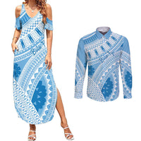Bula Fiji Classic Masi Tapa Couples Matching Summer Maxi Dress and Long Sleeve Button Shirt Turquoise - Polynesian Pride
