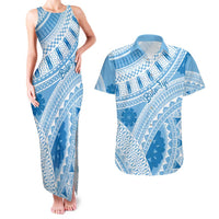 Bula Fiji Classic Masi Tapa Couples Matching Tank Maxi Dress and Hawaiian Shirt Turquoise - Polynesian Pride