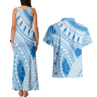 Bula Fiji Classic Masi Tapa Couples Matching Tank Maxi Dress and Hawaiian Shirt Turquoise - Polynesian Pride