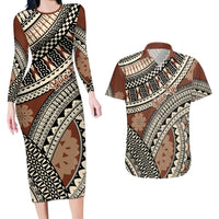 Bula Fiji Classic Masi Tapa Couples Matching Long Sleeve Bodycon Dress and Hawaiian Shirt Vintage Brown - Polynesian Pride