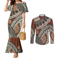 Bula Fiji Classic Masi Tapa Couples Matching Mermaid Dress and Long Sleeve Button Shirt Vintage Brown - Polynesian Pride