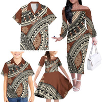 Bula Fiji Classic Masi Tapa Family Matching Off The Shoulder Long Sleeve Dress and Hawaiian Shirt Vintage Brown - Polynesian Pride