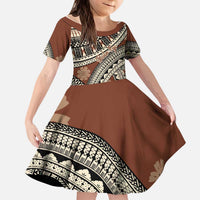 Bula Fiji Classic Masi Tapa Kid Short Sleeve Dress Vintage Brown LT7 KID Brown - Polynesian Pride