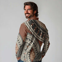 Bula Fiji Classic Masi Tapa Long Sleeve Polo Shirt Vintage Brown - Polynesian Pride