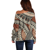 Bula Fiji Classic Masi Tapa Off Shoulder Sweater Vintage Brown - Polynesian Pride