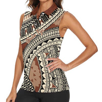 Bula Fiji Classic Masi Tapa Women Sleeveless Polo Shirt Vintage Brown - Polynesian Pride