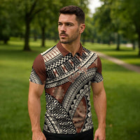 Bula Fiji Classic Masi Tapa Zipper Polo Shirt Vintage Brown LT7 - Polynesian Pride