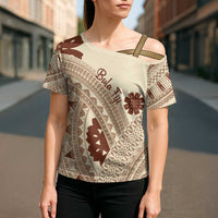 Bula Fiji Classic Masi Tapa Cross Shoulder Shirt Vintage Beige - Polynesian Pride