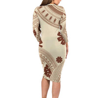 Bula Fiji Classic Masi Tapa Long Sleeve Bodycon Dress Vintage Beige - Polynesian Pride