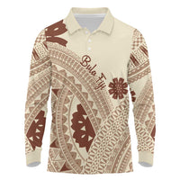 Bula Fiji Classic Masi Tapa Long Sleeve Polo Shirt Vintage Beige LT7 Beige - Polynesian Pride