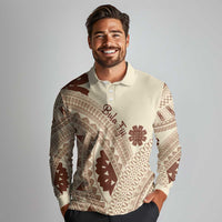 Bula Fiji Classic Masi Tapa Long Sleeve Polo Shirt Vintage Beige LT7 - Polynesian Pride