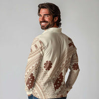 Bula Fiji Classic Masi Tapa Long Sleeve Polo Shirt Vintage Beige LT7 - Polynesian Pride