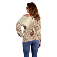 Bula Fiji Classic Masi Tapa Off Shoulder Sweater Vintage Beige - Polynesian Pride