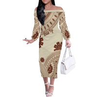 Bula Fiji Classic Masi Tapa Off The Shoulder Long Sleeve Dress Vintage Beige LT7 Women Beige - Polynesian Pride