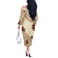 Bula Fiji Classic Masi Tapa Off The Shoulder Long Sleeve Dress Vintage Beige LT7 - Polynesian Pride