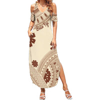 Bula Fiji Classic Masi Tapa Summer Maxi Dress Vintage Beige LT7 Women Beige - Polynesian Pride