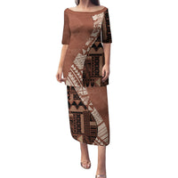 Bula Fiji Family Matching Puletasi Dress and Hawaiian Shirt Tribal Masi Tapa - Brown LT7 Mom's Dress Brown - Polynesian Pride