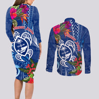 Guam Christmas Couples Matching Long Sleeve Bodycon Dress and Long Sleeve Button Shirt Turtle Mix Tapa Felis Pasgua LT7 - Polynesian Pride