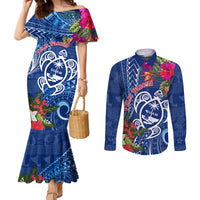 Guam Christmas Couples Matching Mermaid Dress and Long Sleeve Button Shirt Turtle Mix Tapa Felis Pasgua LT7 Blue - Polynesian Pride