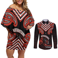 Maori Waitangi Couples Matching Off Shoulder Short Dress and Long Sleeve Button Shirt Kotahitanga Poutama Mix Whakairo - Polynesian Pride