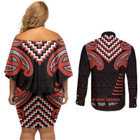 Maori Waitangi Couples Matching Off Shoulder Short Dress and Long Sleeve Button Shirt Kotahitanga Poutama Mix Whakairo - Polynesian Pride