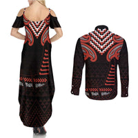 Maori Waitangi Couples Matching Summer Maxi Dress and Long Sleeve Button Shirt Kotahitanga Poutama Mix Whakairo - Polynesian Pride