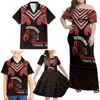 Maori Waitangi Family Matching Off Shoulder Maxi Dress and Hawaiian Shirt Kotahitanga Poutama Mix Whakairo - Polynesian Pride